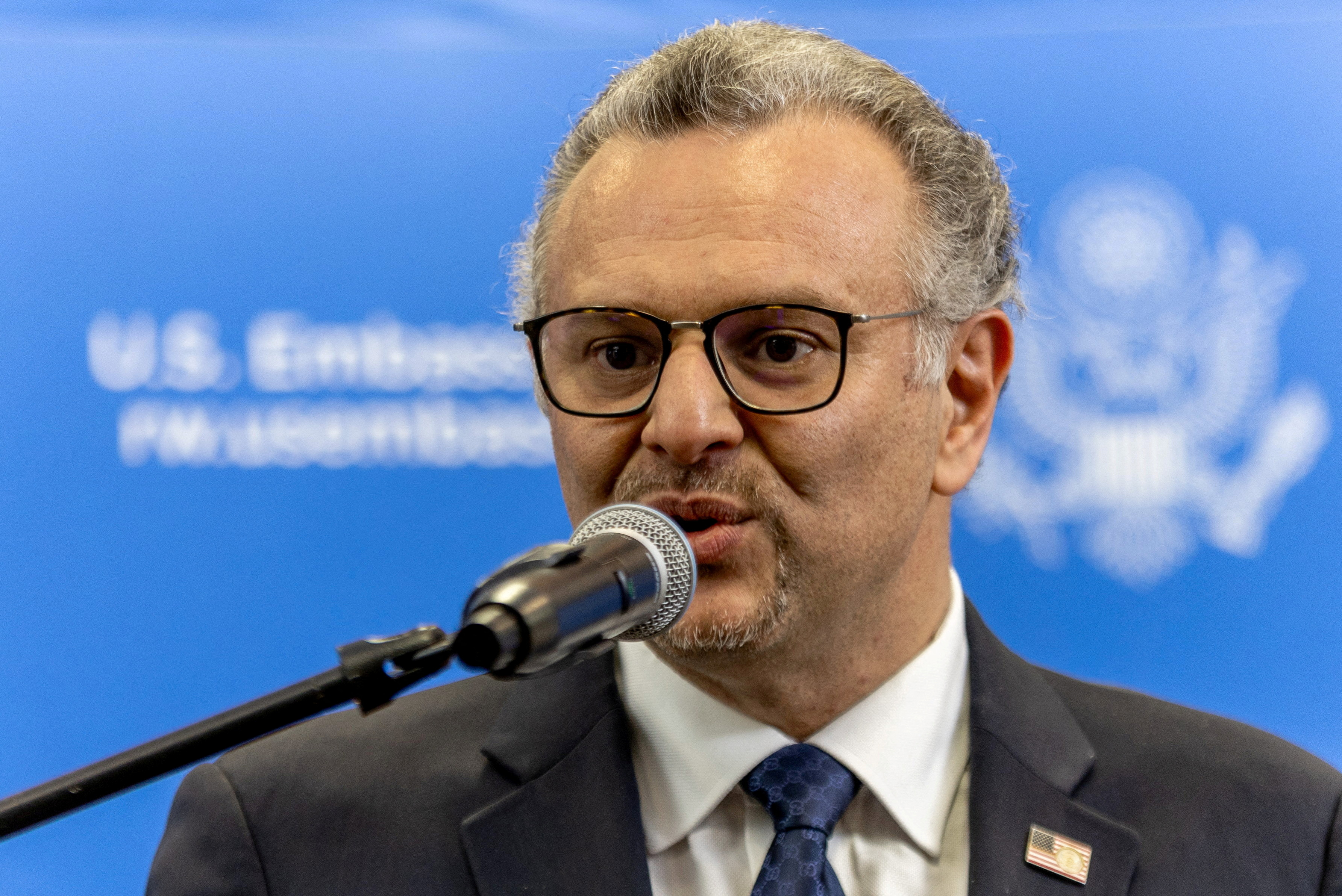 FILE PHOTO: U.S. President Donald Trump's Senior Advisor for Africa Massad Boulos addresses a press conference at the U.S. Embassy in Kigali