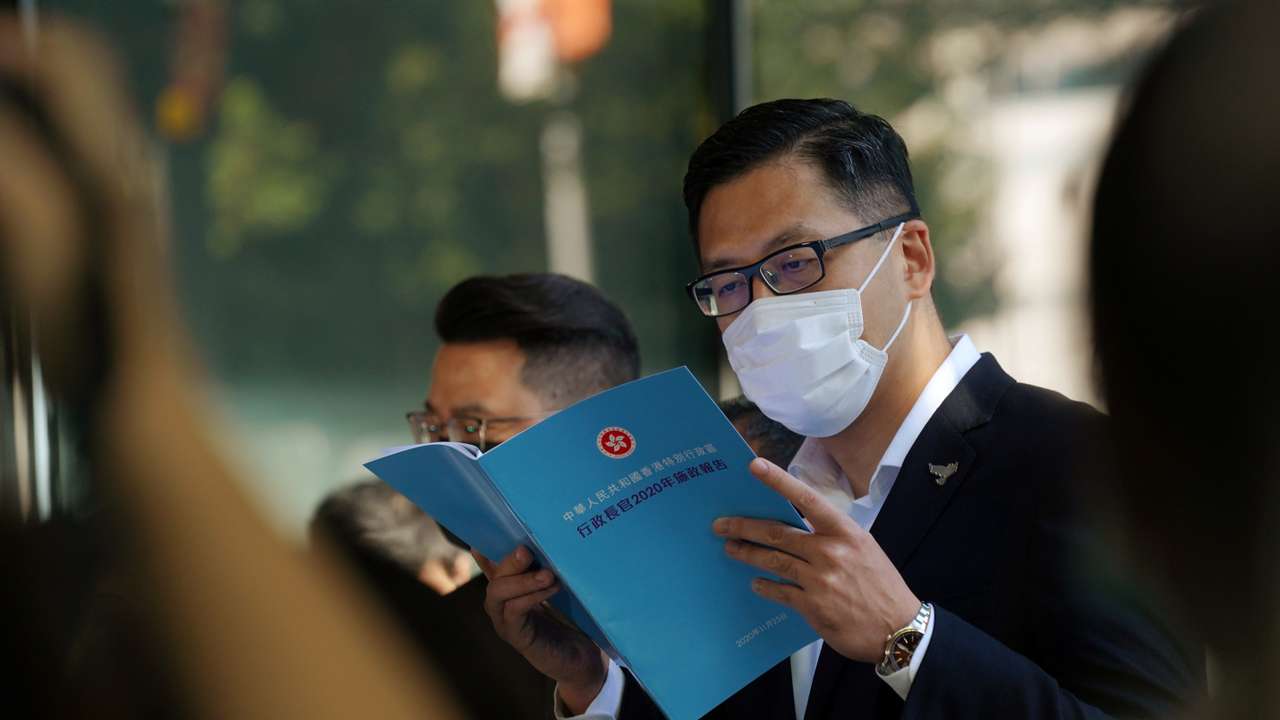 Chairman of Democratic Party Wu Chi-wai speaks to the media in Hong Kong