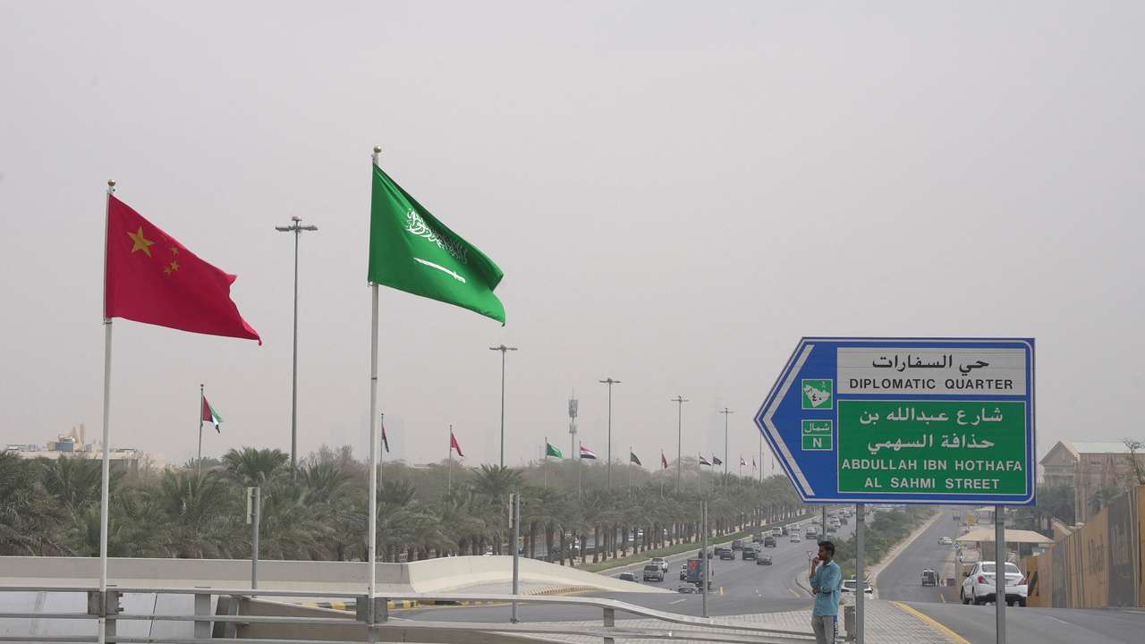 Flags of participating countries are pictured ahead of the China-Arab summit in Riyadh