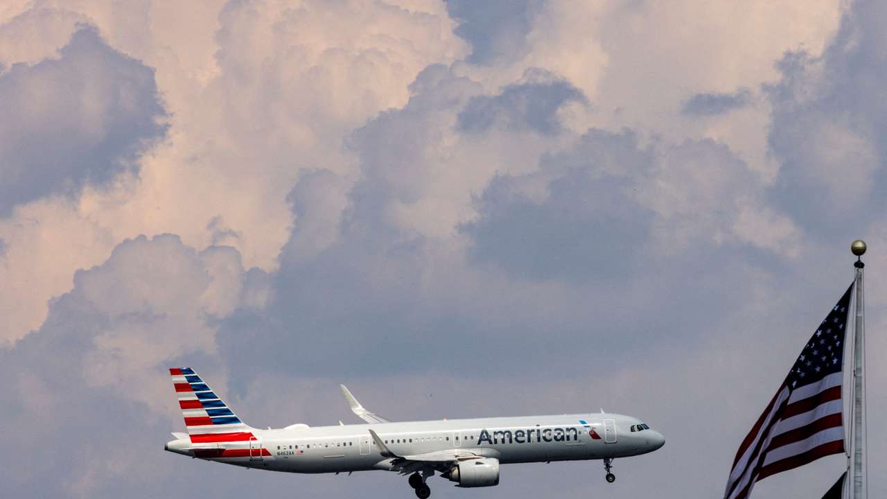 FILE PHOTO: An American Airlines commercial aircraft flies over Washington as it approaches to land at Dulles International Airport
