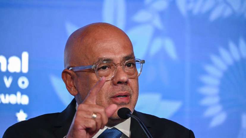 Venezuela's National Assembly President Jorge Rodriguez addresses the media in Caracas