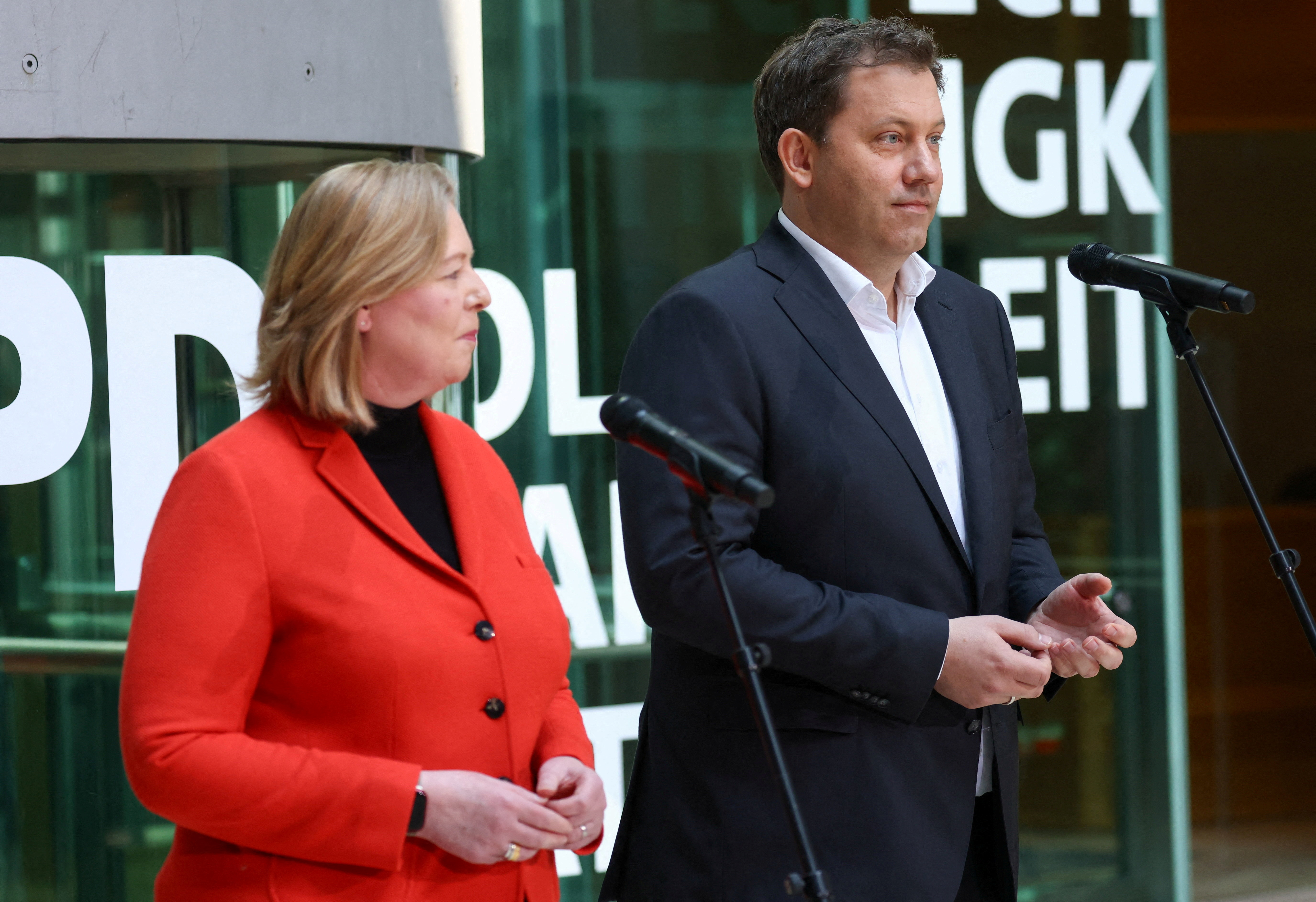 FILE PHOTO: Germany's SPD party co-leaders Bas and Klingbeil hold press conference following Rhineland-Palatinate state election, in Berlin