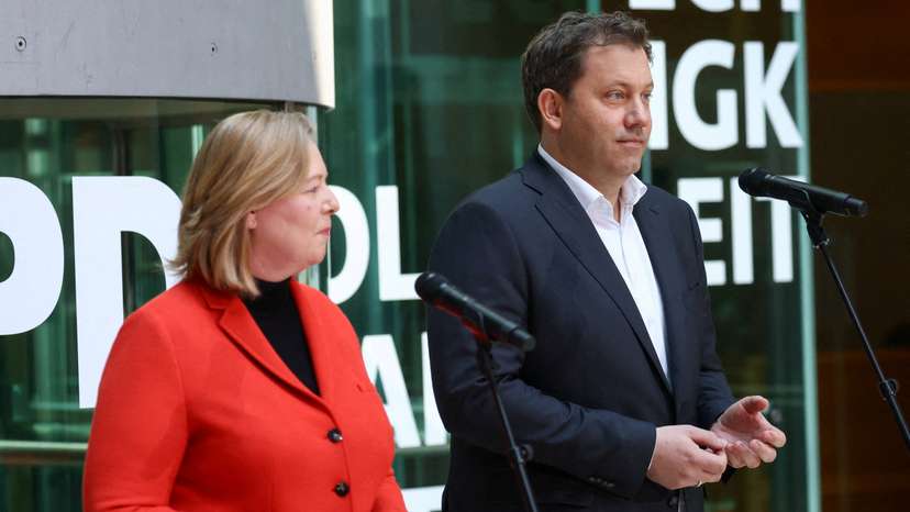 FILE PHOTO: Germany's SPD party co-leaders Bas and Klingbeil hold press conference following Rhineland-Palatinate state election, in Berlin