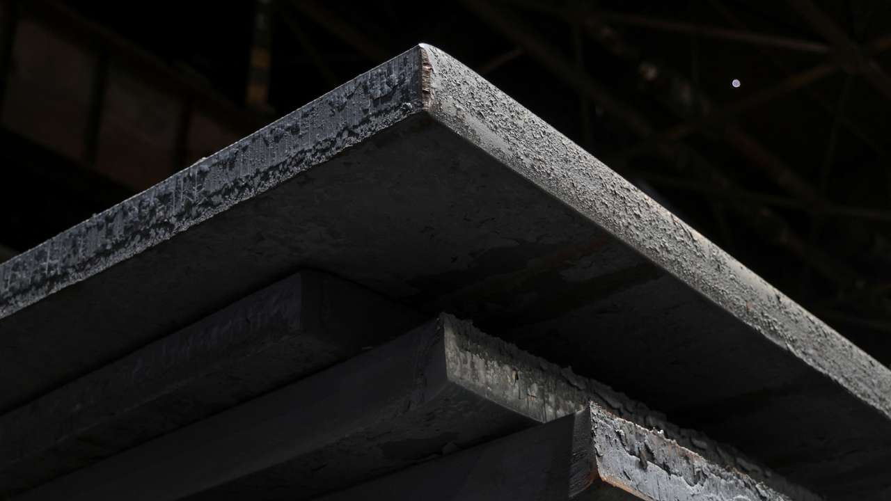 Plates of steel are seen at a production facility of Zaporizhstal Iron and Steel Works in Zaporizhzhia