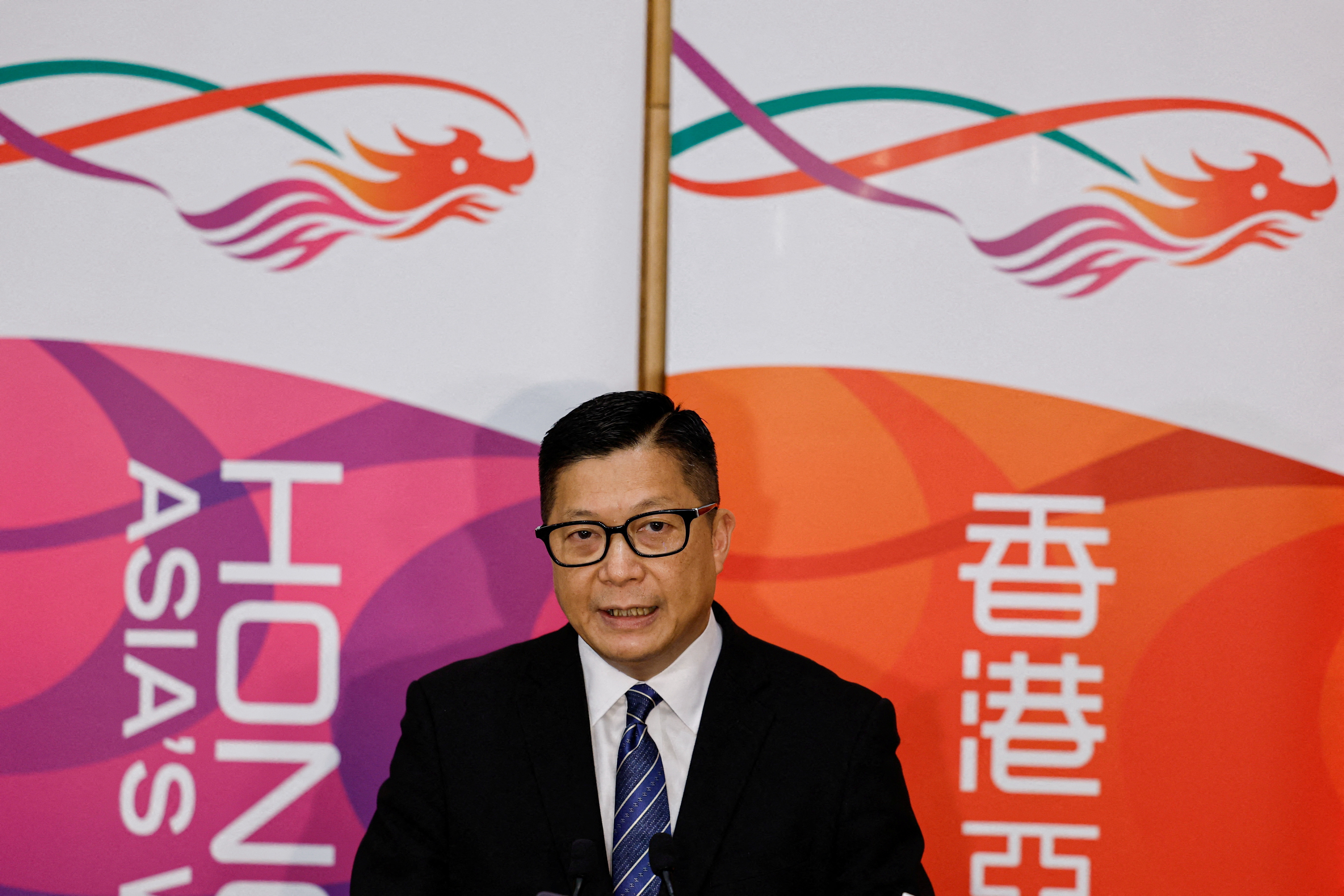 Hong Kong's Secretary for Security Chris Tang speaks to media over the landmark national security trial, in Hong Kong