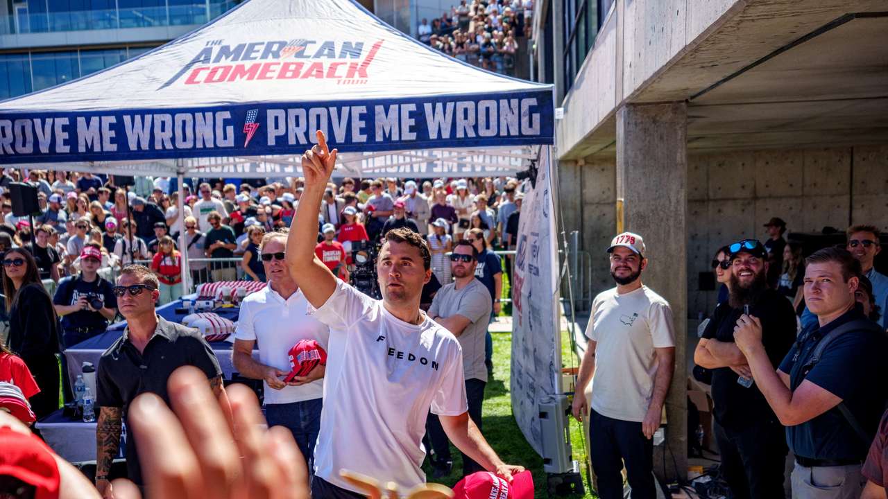 U.S. right-wing activist and commentator Charlie Kirk appears at a Utah Valley University speaking event in Orem