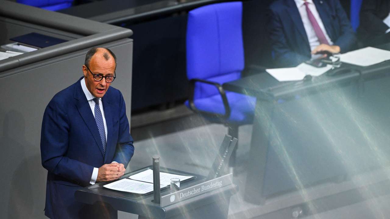 German opposition leader Friedrich Merz of the Christian Democratic Union party (CDU) addresses parliament in Berlin