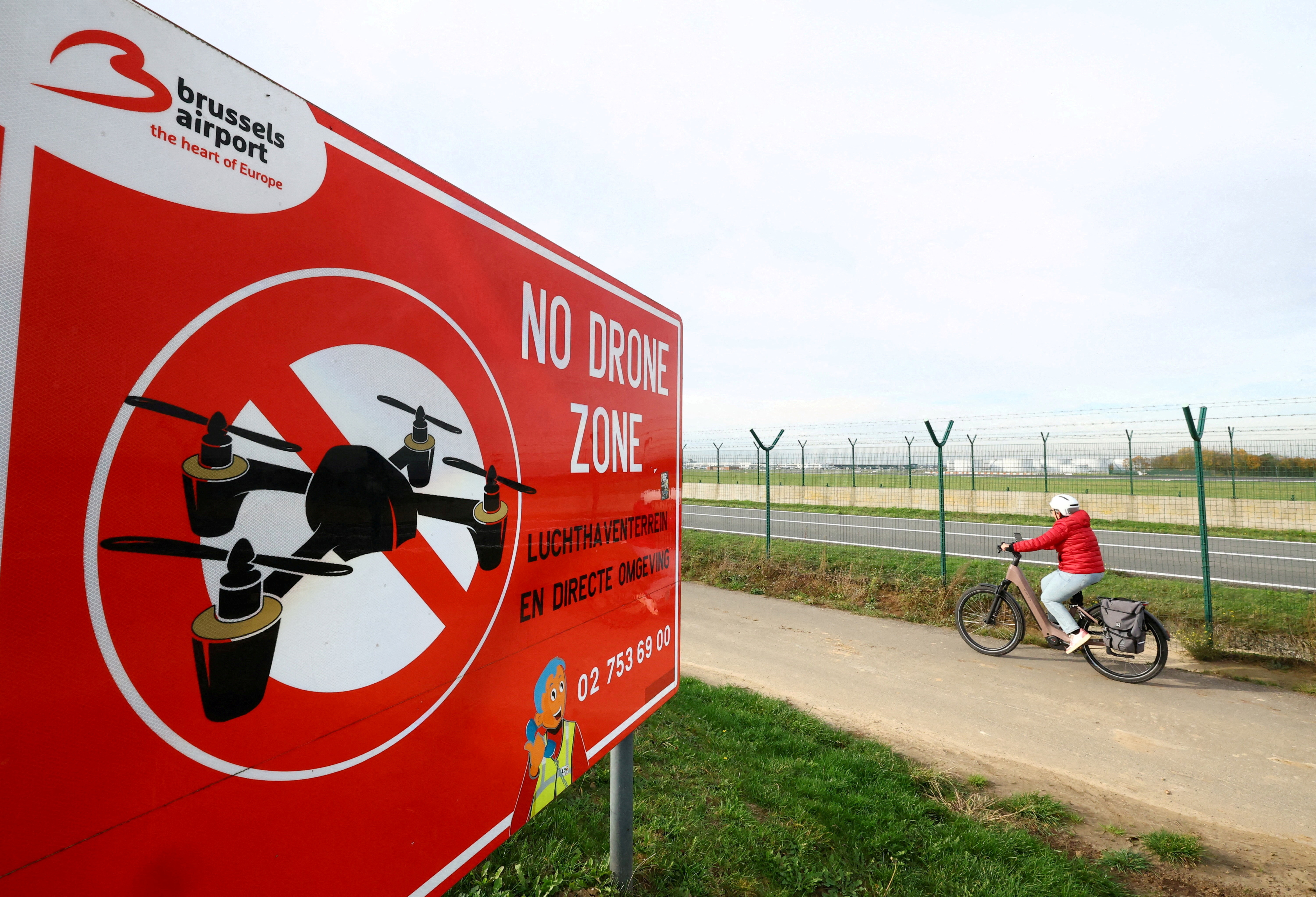 FILE PHOTO: A "No Drone Zone" placard at Brussels interational Airport in Zaventem