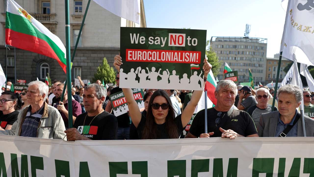 Protest against Bulgaria's plans of joining the euro zone, in Sofia
