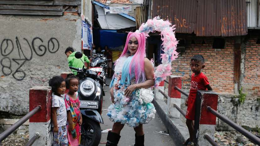 Trans Super Heroes fashion show at a traditional market in Jakarta