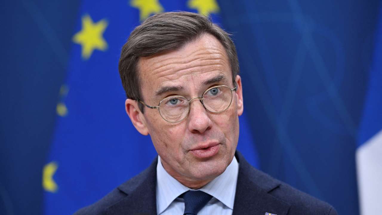 President of the European Commission von der Leyen, Sweden's PM Kristersson and Finland's PM Orpo attend a press conference at the Swedish Government headquarters Rosenbad, in Stockholm