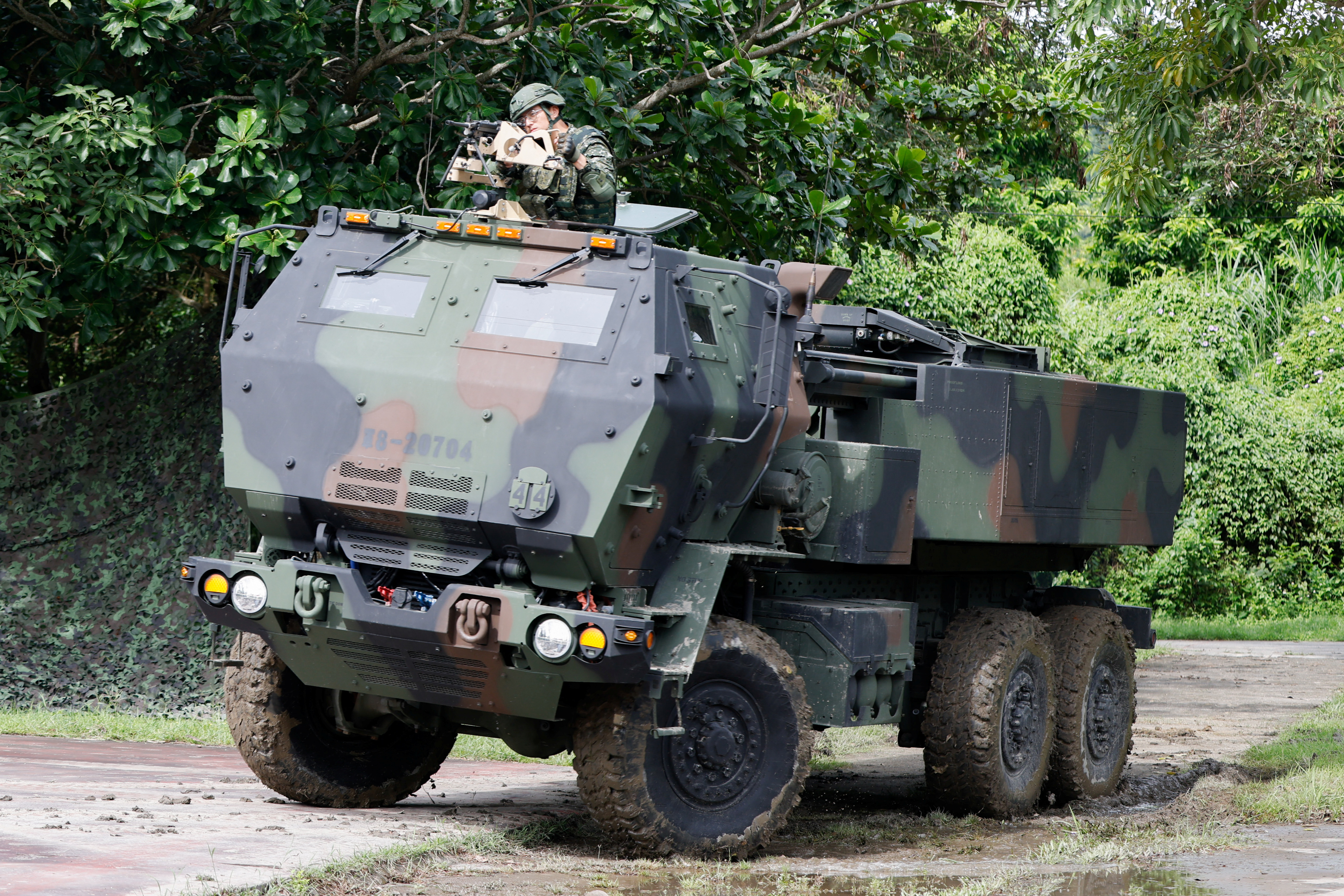 A High Mobility Artillery Rocket System (HIMARS) is on display at a park during Taiwan's annual Han Kuang military exercise in Taichung