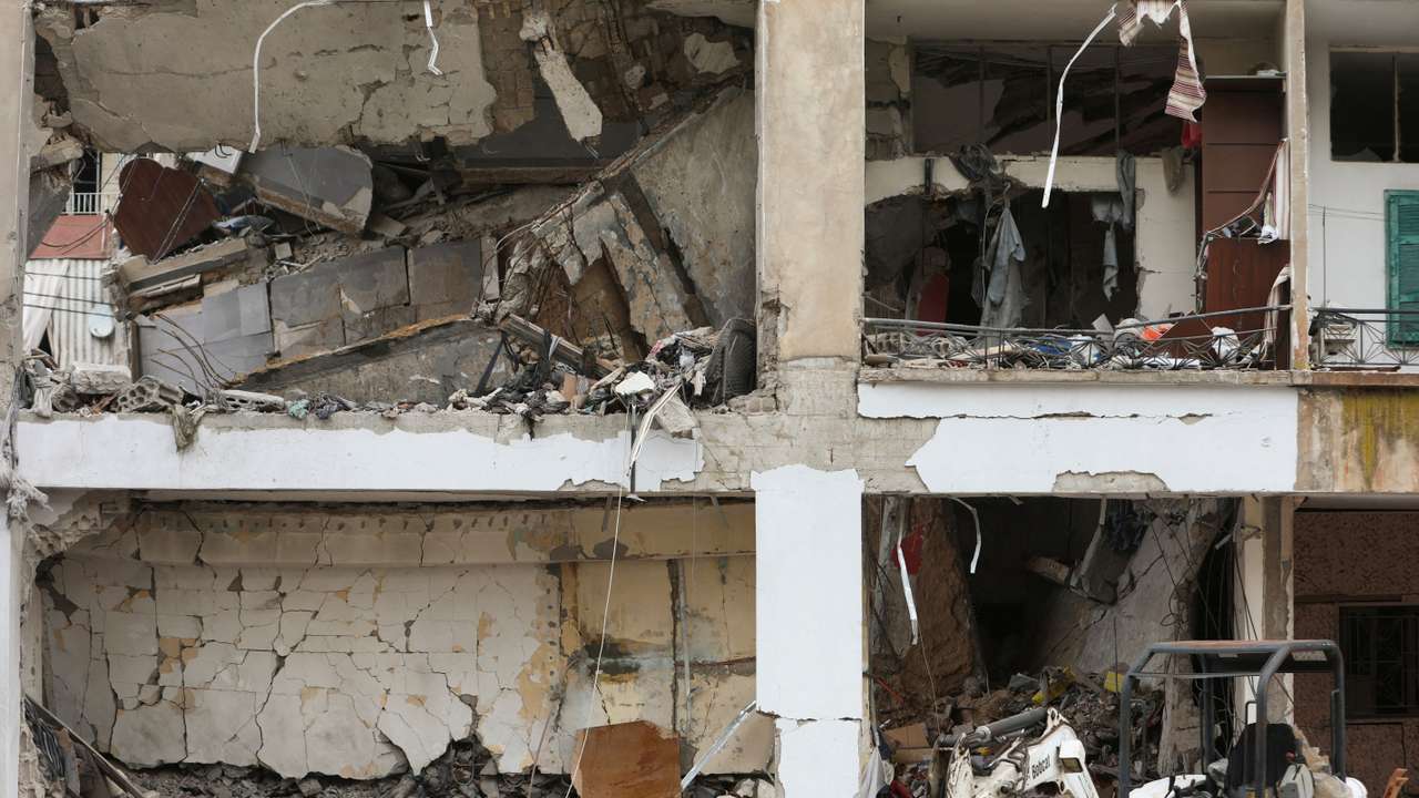 A view shows a damaged building after what security sources said was an Israeli strike in Nabatieh, southern Lebanon