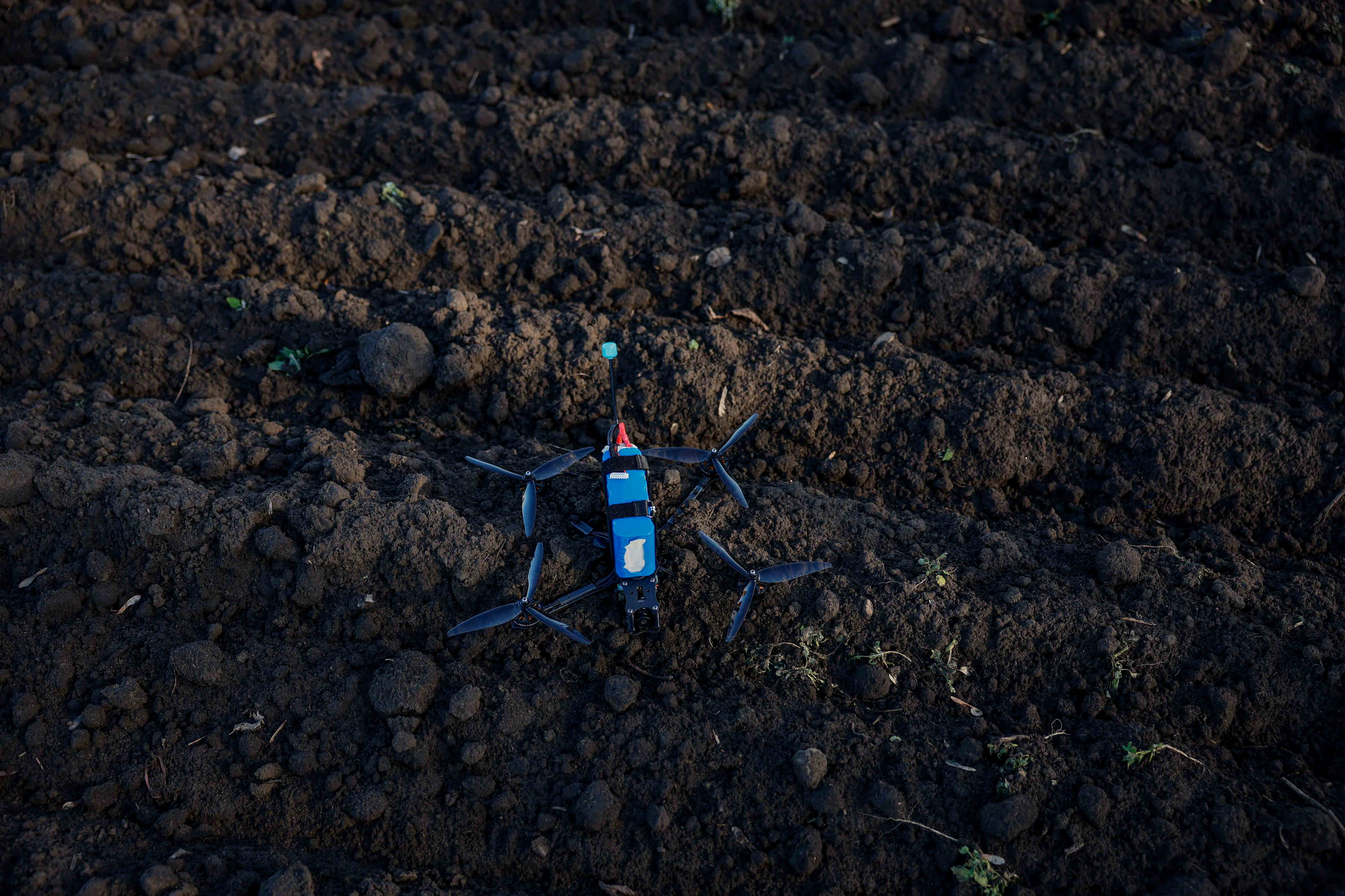 FPV-drone sits on a ground before launching, in Donetsk region