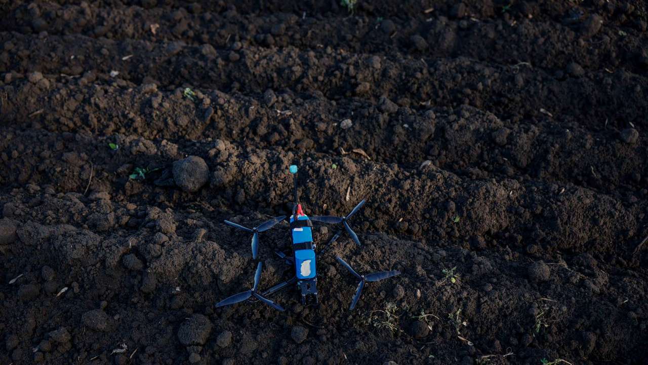 FPV-drone sits on a ground before launching, in Donetsk region