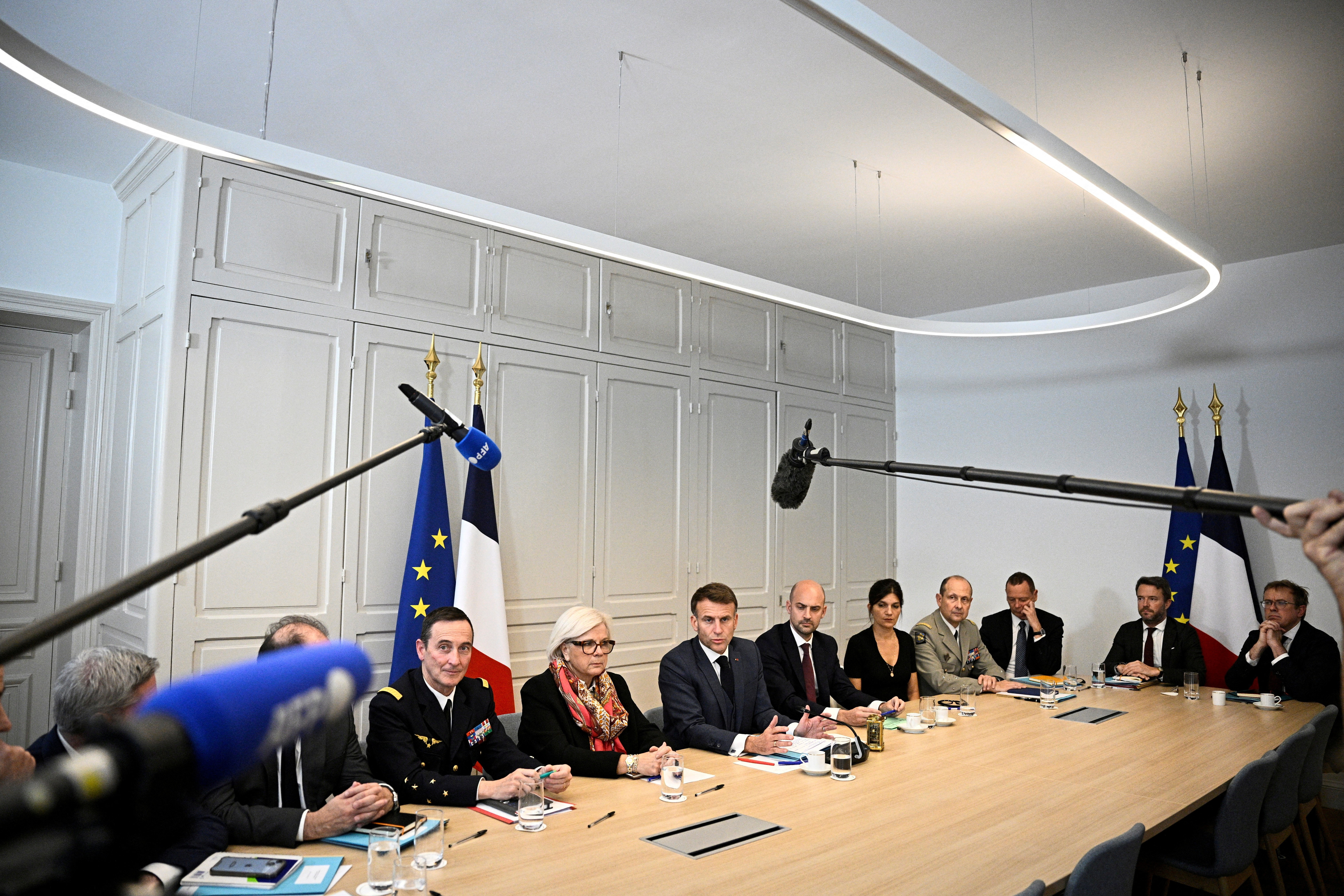France's President Emmanuel Macron speaks during a statement to the press following a meeting of the Coalition of the Willing, in Paris