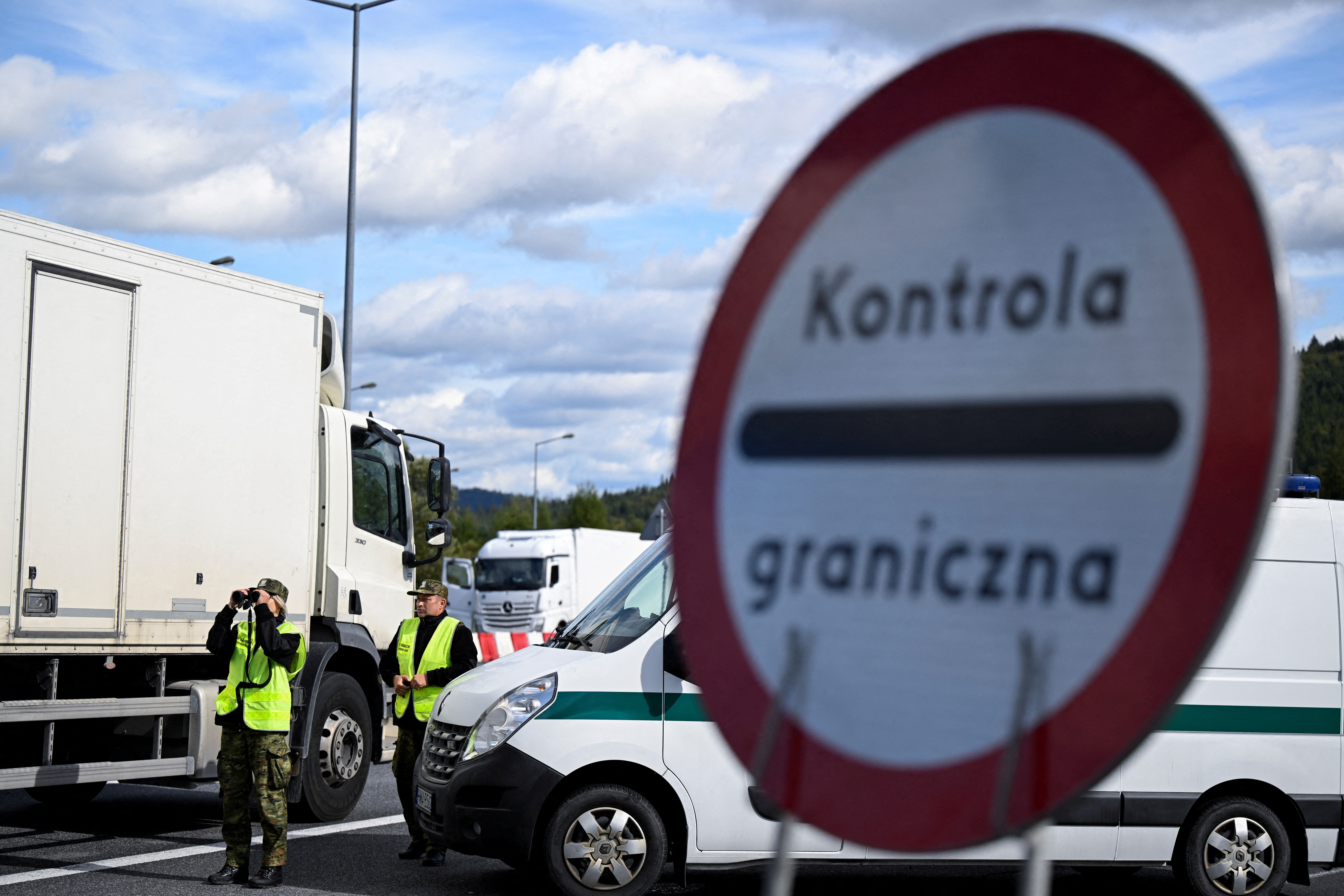 FILE PHOTO: Border guards patrol during vehicle checks at the Slovak-Polish border in Zwardon