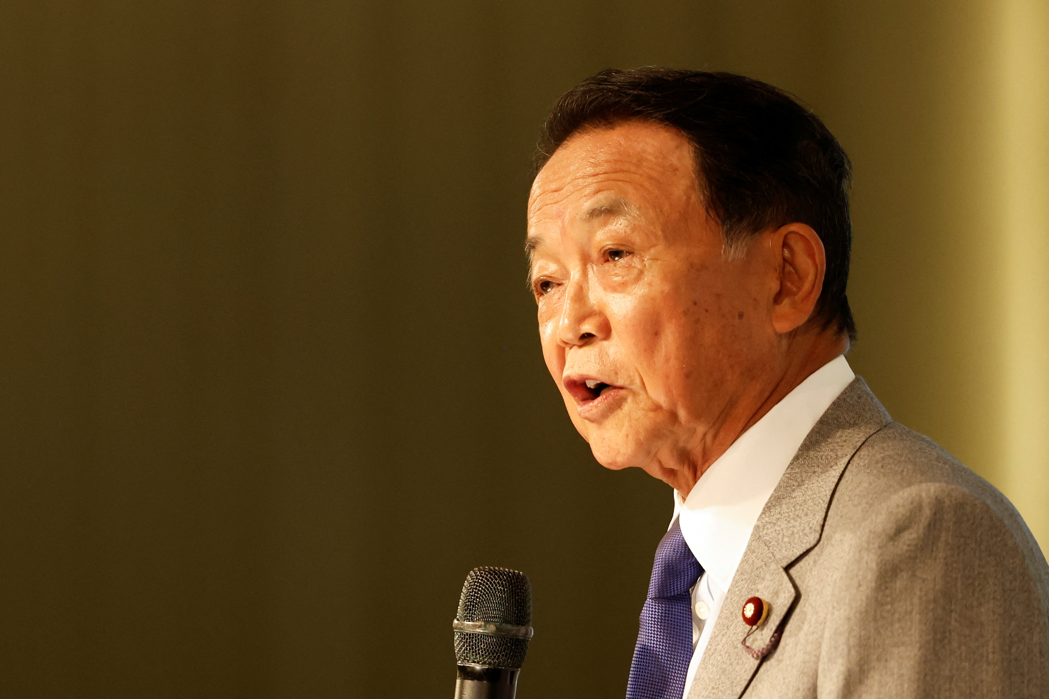 Japan's Former Prime Minister and current Vice-President of the ruling Liberal Democratic Party, Taro Aso, speaks during the Ketagalan Forum in Taipei