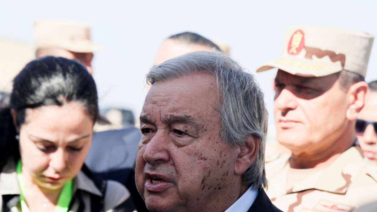 FILE PHOTO: UN Secretary-General Antonio Guterres speaks to the media, after visiting the Rafah border crossing between Egypt and the Gaza Strip, at Al Arish Airport