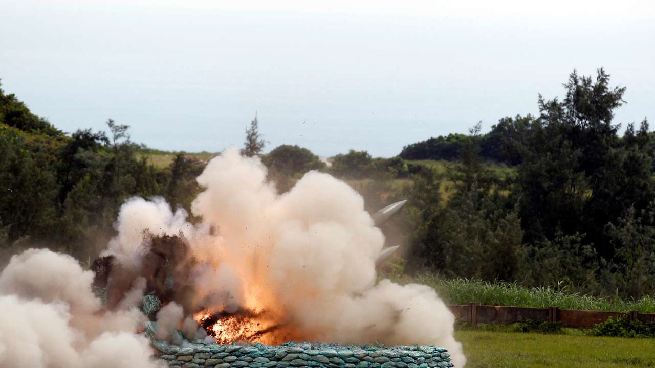 FILE PHOTO: A Hawk surface-to-air missile is launched during a live fire test in Jeoupeng military base, Pingtung County, southern Taiwan