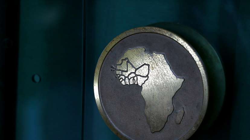 Economic Community Of West African States map is seen illustrated on a door handle at the Ecowas secretariat in Abuja