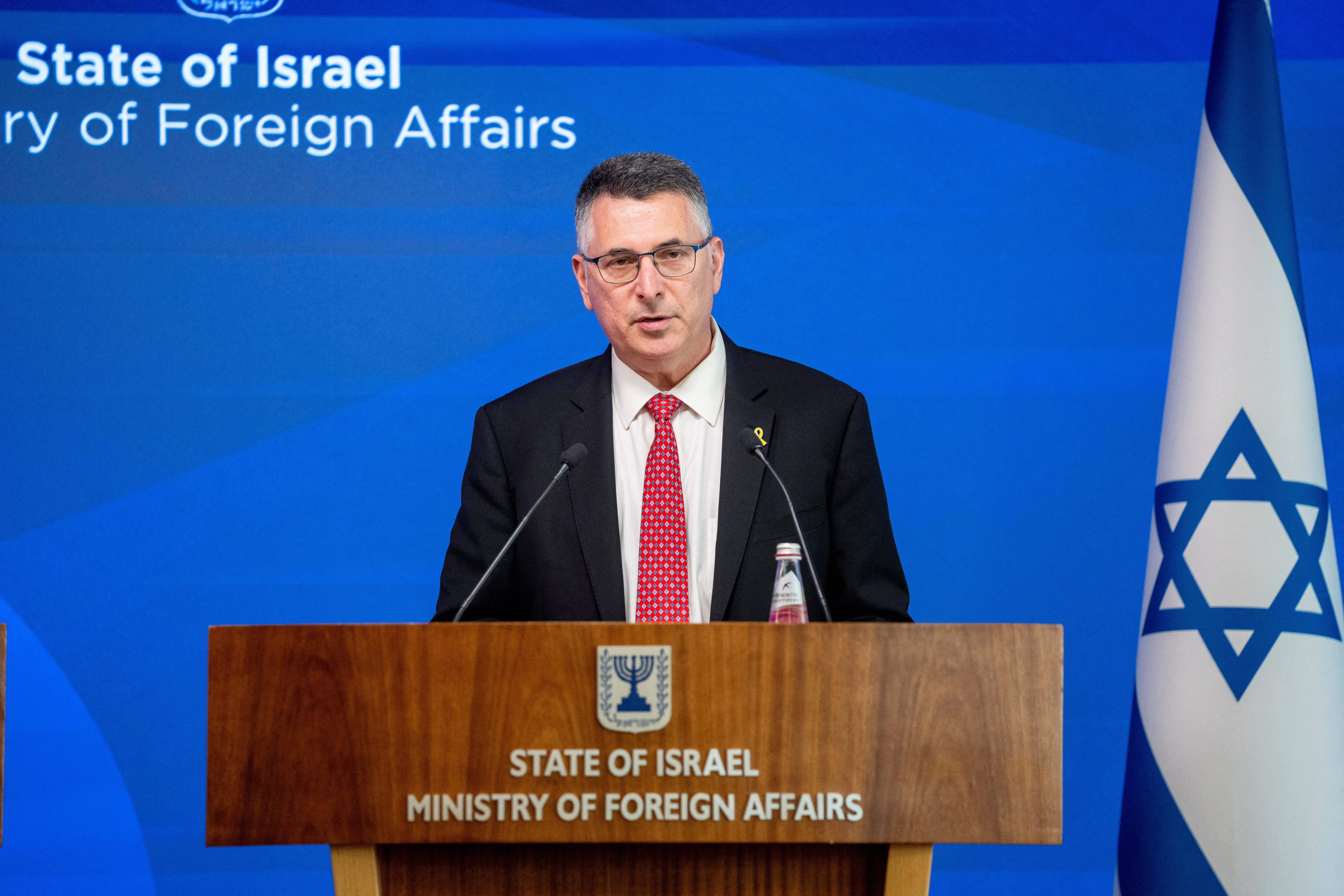 Denmark's Foreign Minister Lars Loekke Rasmussen and Israel's Foreign Minister Gideon Saar attend a press conference in Jerusalem