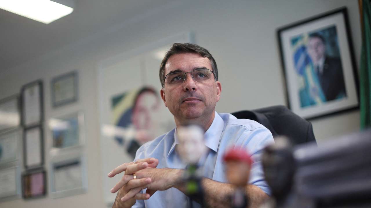 Senator Flavio Bolsonaro, son of Brazil's former President Jair Bolsonaro, attends an interview with Reuters