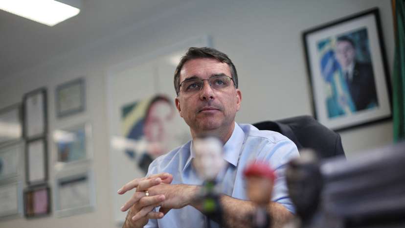 Senator Flavio Bolsonaro, son of Brazil's former President Jair Bolsonaro, attends an interview with Reuters