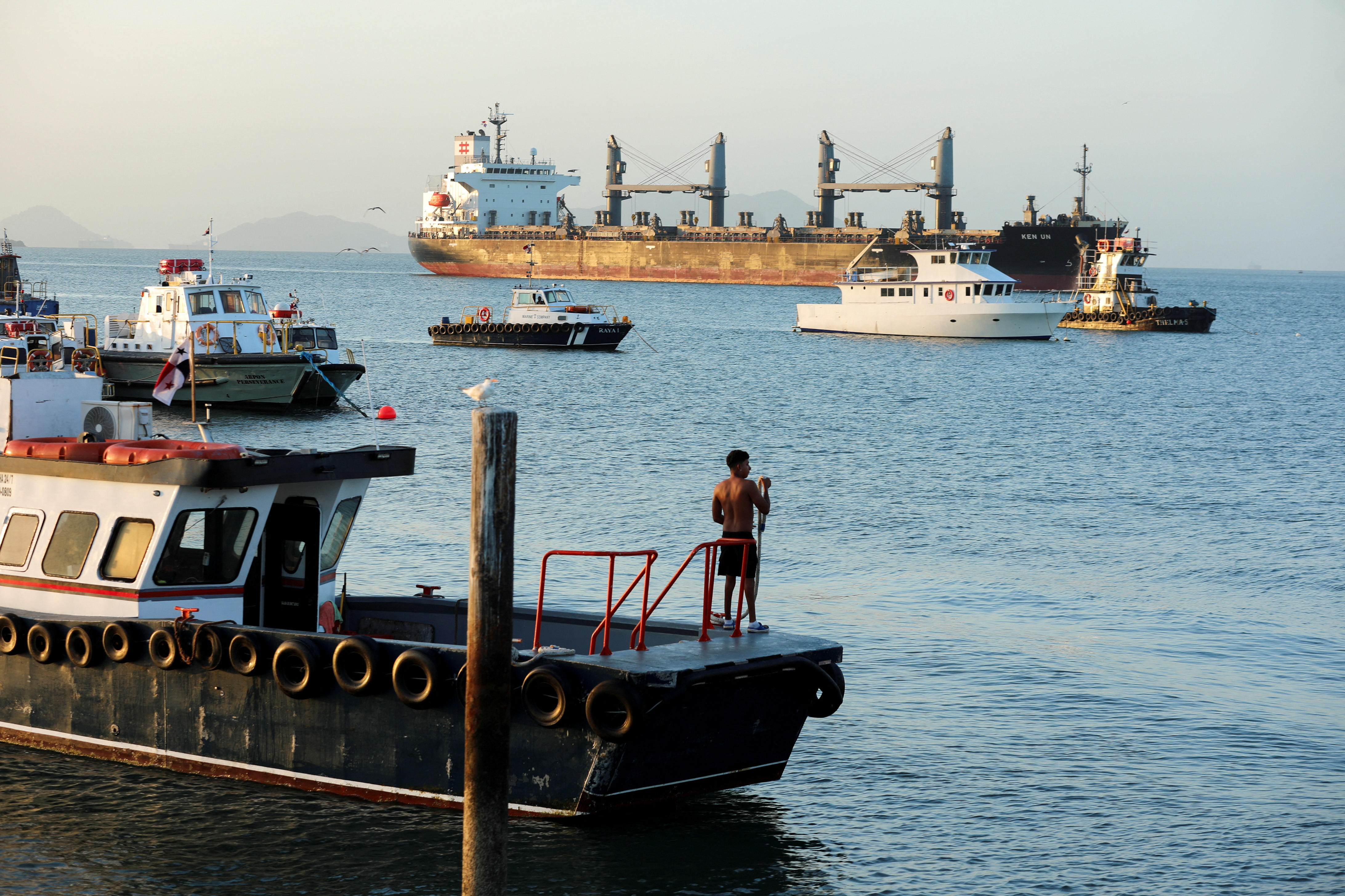 Cargo ship sails at the entrance to the Panama Canal