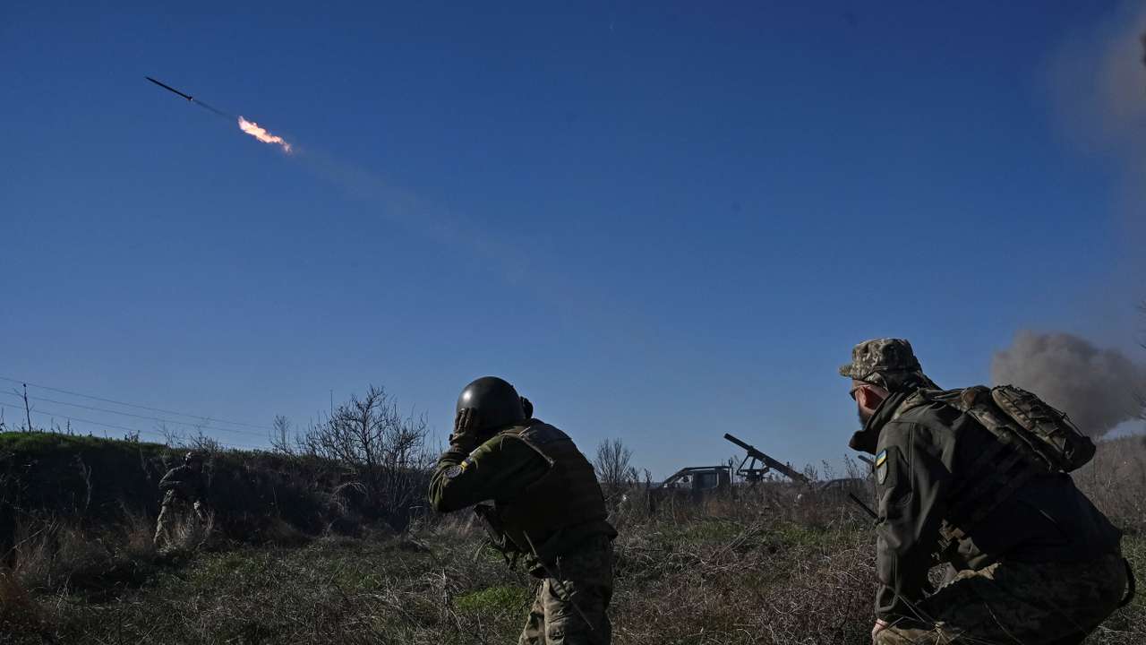 Ukrainian servicemen fire a Partyzan small MLRS for firing toward Russian troops near a front line in Zaporizhzhia region