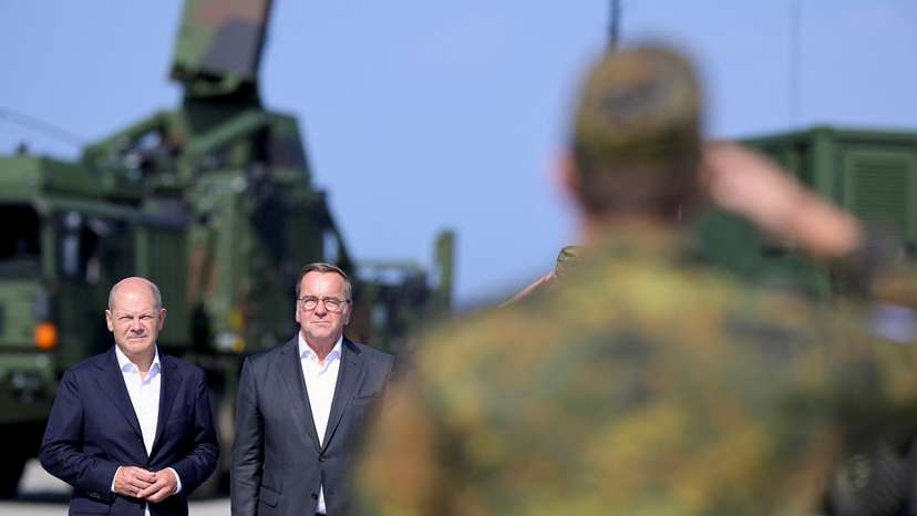 German Chancellor Scholz and Defence Minister Pistorius take part in the commissioning of the IRIS-T SLM air defence system in Panker