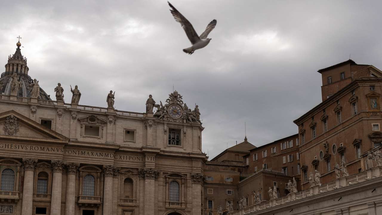 A chimney is set on the roof of the Sistine Chapel, ahead of the conclave and the election of the new pope