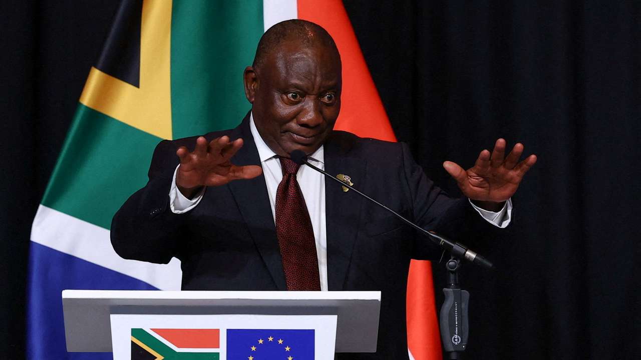 FILE PHOTO: South Africa's President Cyril Ramaphosa gestures before a press conference with European Commission President Ursula von der Leyen and European Council President Antonio Costa at the end of a South Africa–EU leaders meeting, ahead of the G20 Summit scheduled for November 22-23, in Johannesburg, South Africa, November 20, 2025. REUTERS/Yves Herman/File Photo