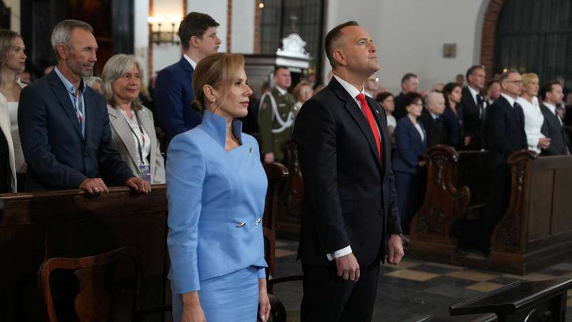 Newly sworn-in President of Poland Karol Nawrocki takes part in a service at Warsaw Cathedral in Warsaw
