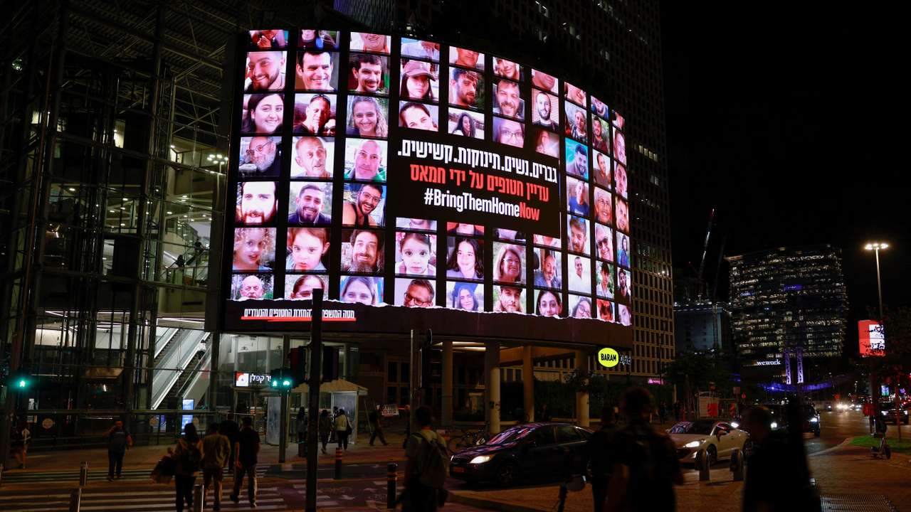 Protesters call for the immediate release of hostages, in Tel Aviv