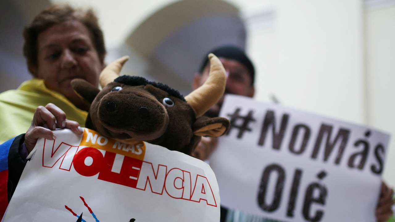 Activists protest against bullfighting during a debate at the Colombian congress in Bogota