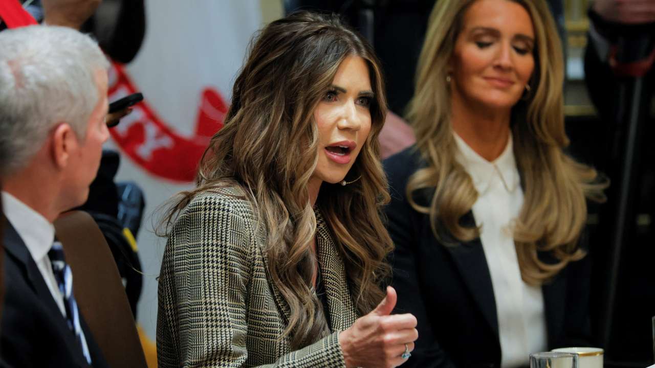 U.S. Homeland Security Secretary Kristi Noem speaks during a cabinet meeting with U.S. President Donald Trump, at the White House in Washington, D.C., U.S., December 2, 2025. REUTERS/Brian Snyder