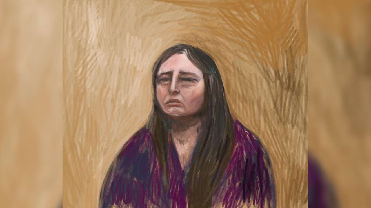 A court sketch drawn from a video link shows Erin Patterson appearing as a witness for her own defense, in Morwell