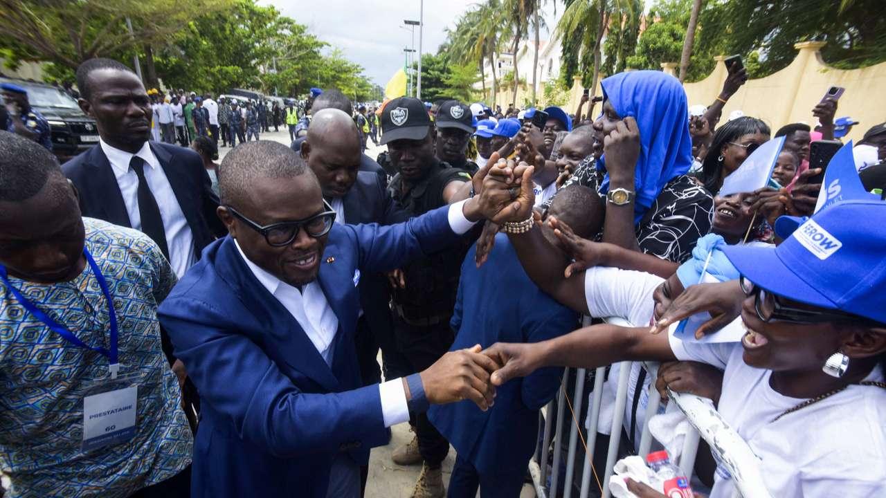 Romuald Wadagni, Benin's finance minister and the ruling party candidate for the presidential election, presents his platform in Cotonou
