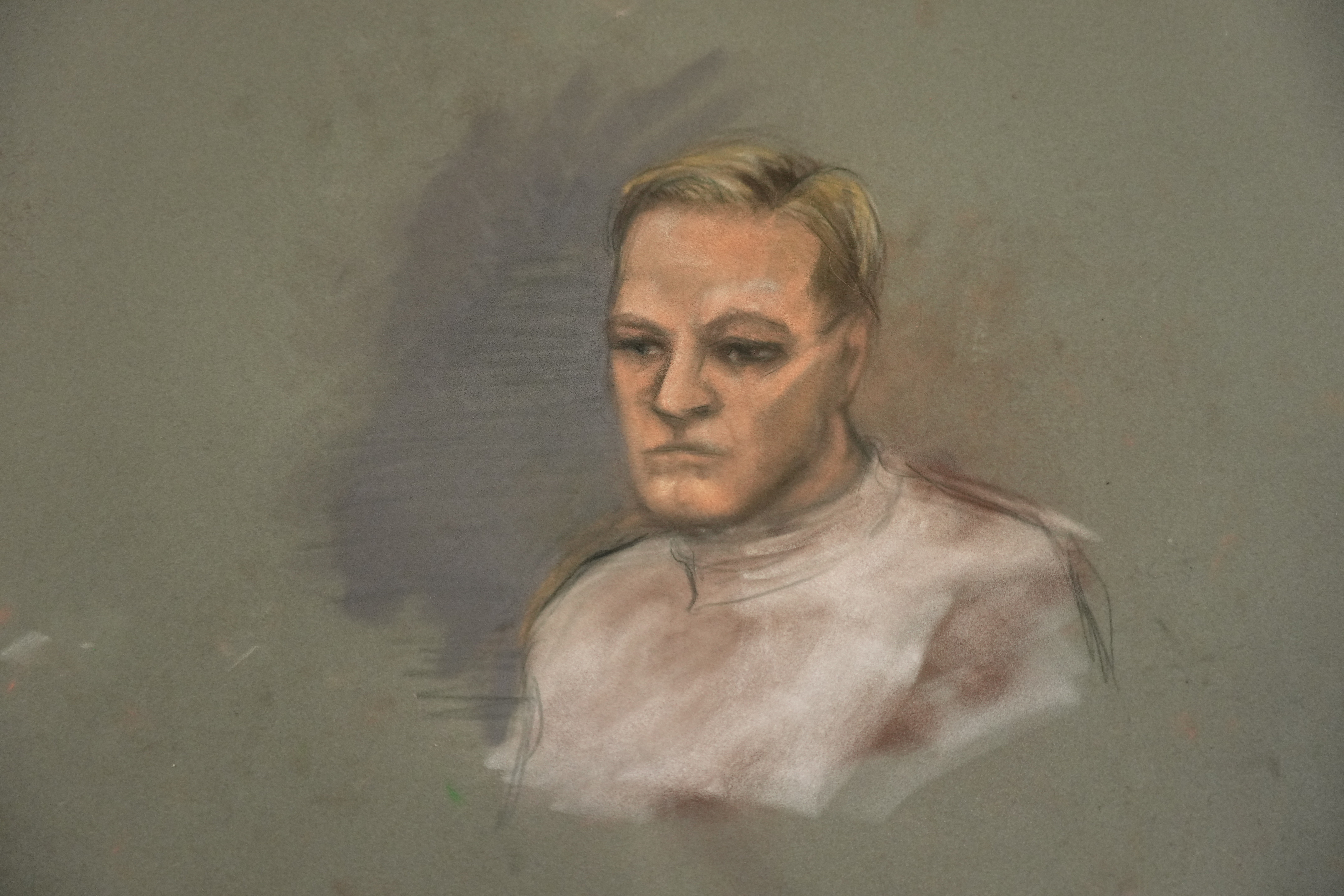 A court sketch shows Marius Borg Hoiby during the first day of the trial against him, which takes place at the Oslo District Court in Oslo