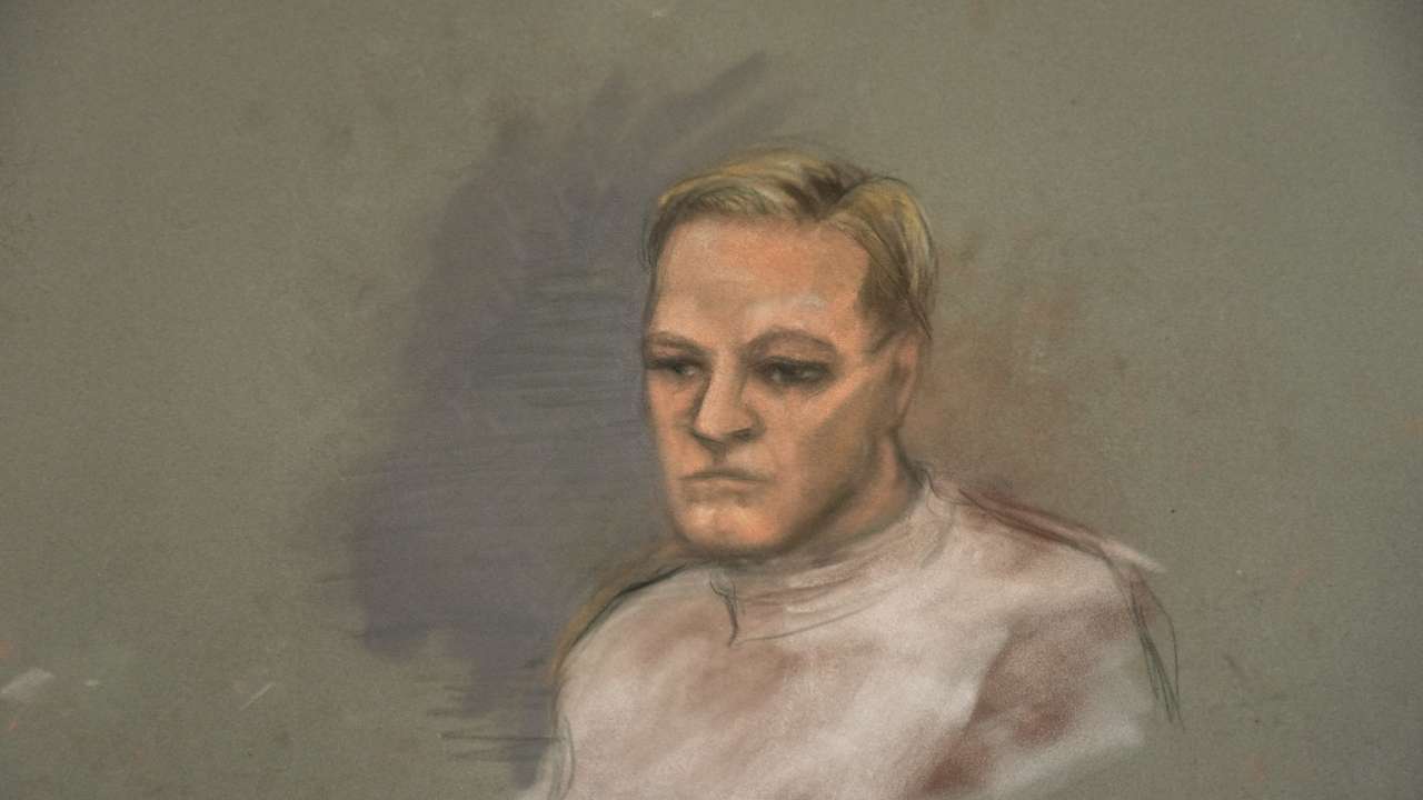 A court sketch shows Marius Borg Hoiby during the first day of the trial against him, which takes place at the Oslo District Court in Oslo