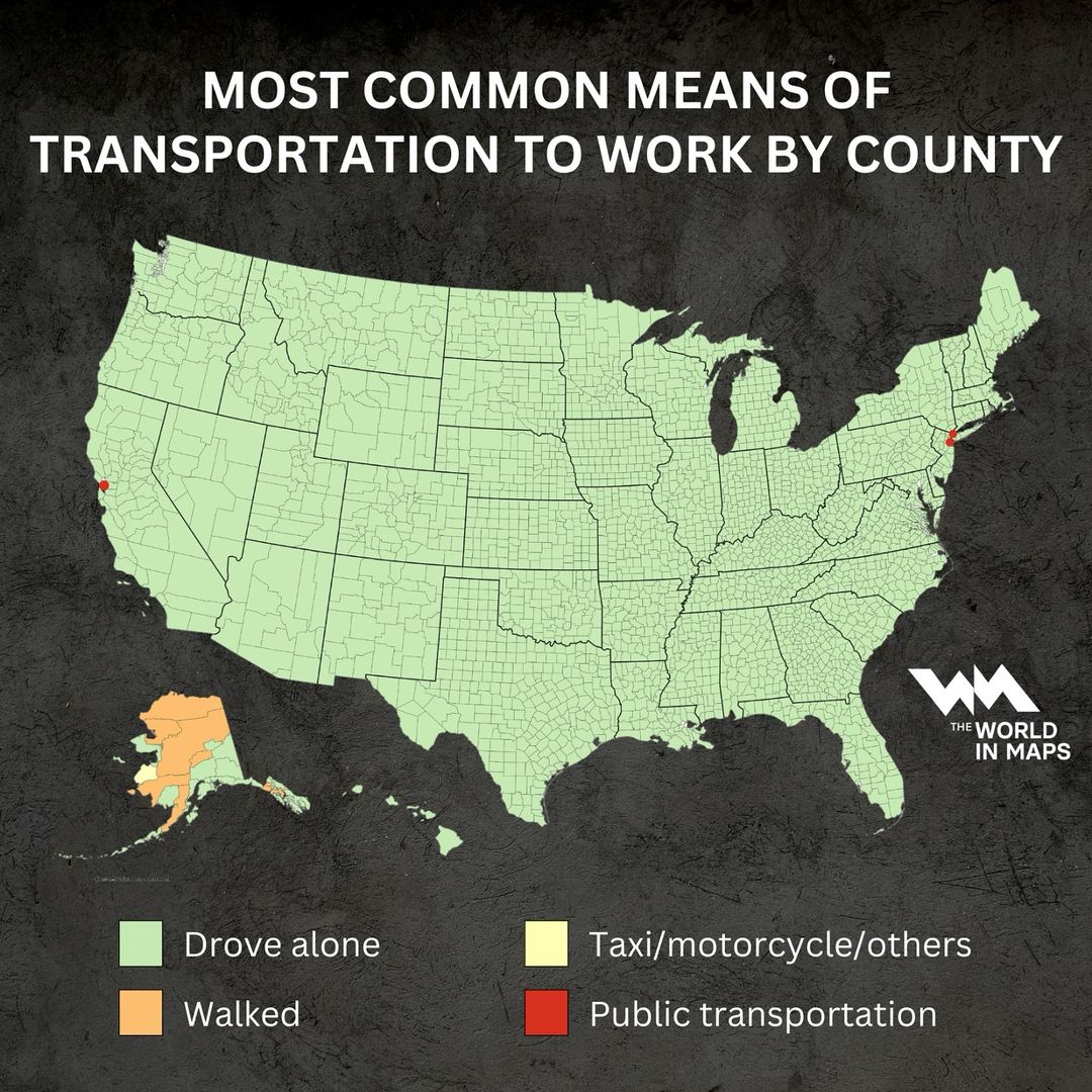 Map shows how Americans commuted to work in 2019, just before the pandemic, and one thing stands out- driving alone in a car dominated nearly everywhere.In fact, 76% of workers nationwide commuted solo by car. Pub
