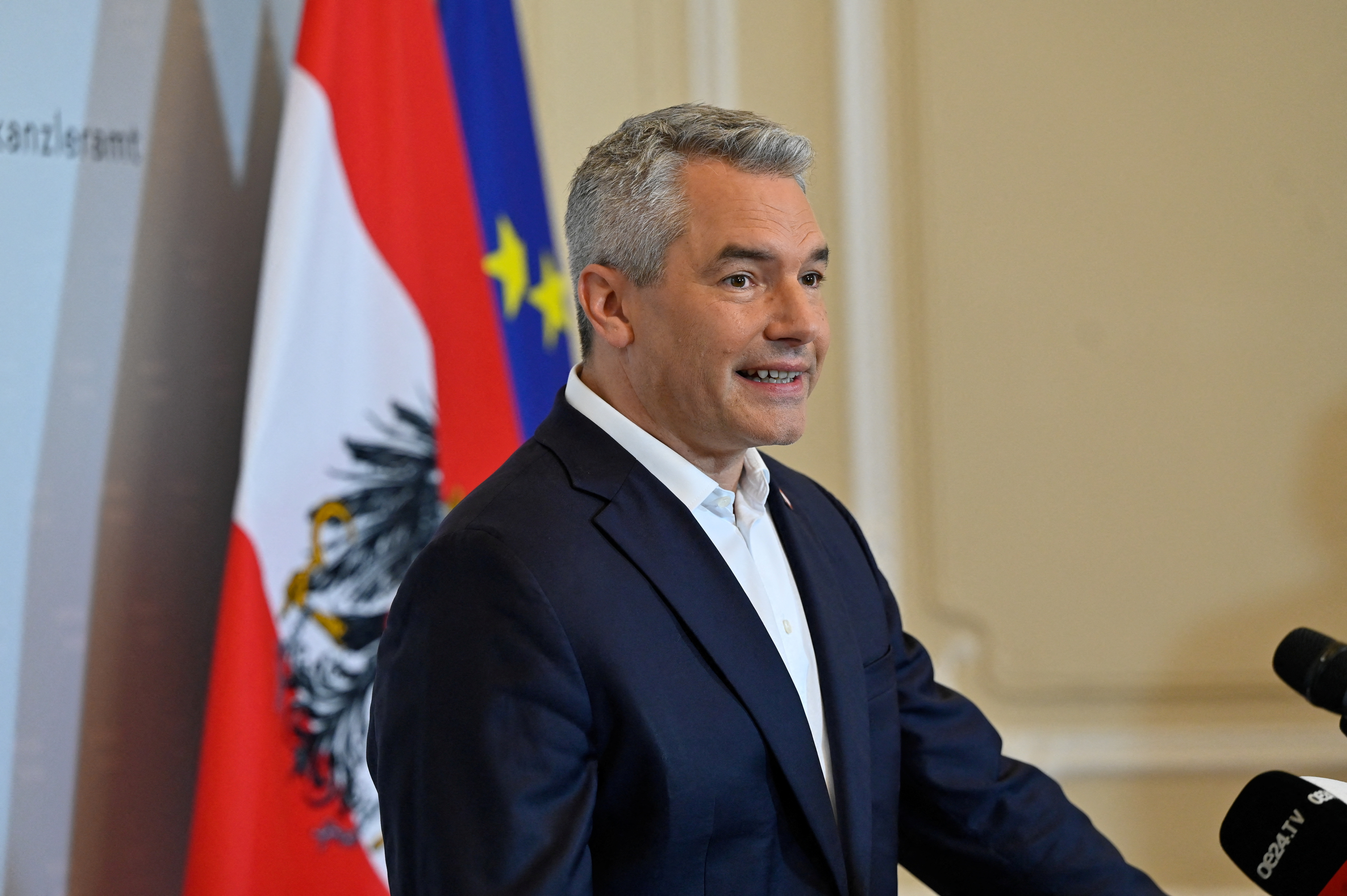 Austrian Chancellor and head of the People's Party (OeVP) Karl Nehammer gives a press statement in Vienna