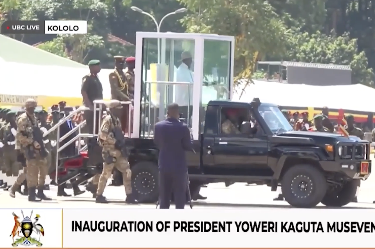 Uganda’s Museveni inspects troops from armoured cabin