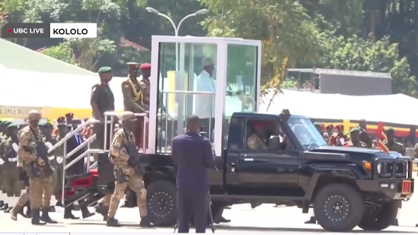 Uganda’s Museveni inspects troops from armoured cabin