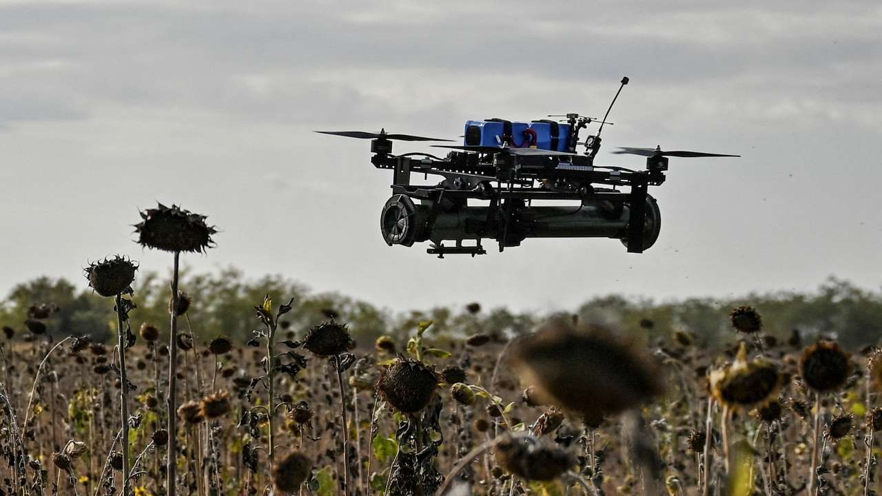 FILE PHOTO: FPV drone with an attached portable grenade launcher is seen during a test fly conducted by Ukrainian servicemen at their position near a frontline, amid Russia's attack on Ukraine in the Zaporizhzhia region