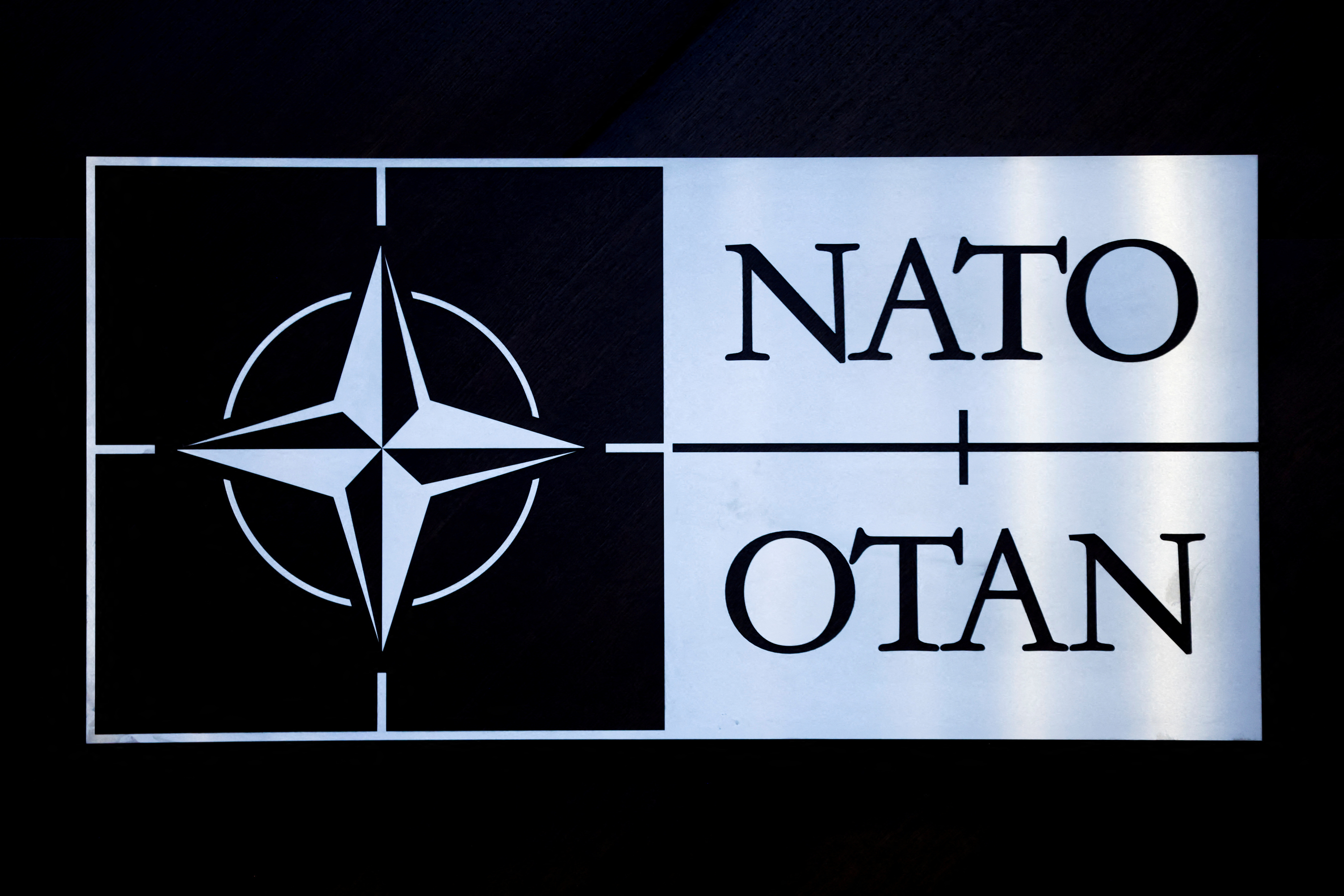 FILE PHOTO: The NATO logo is seen at a meeting of NATO defence ministers in Brussels