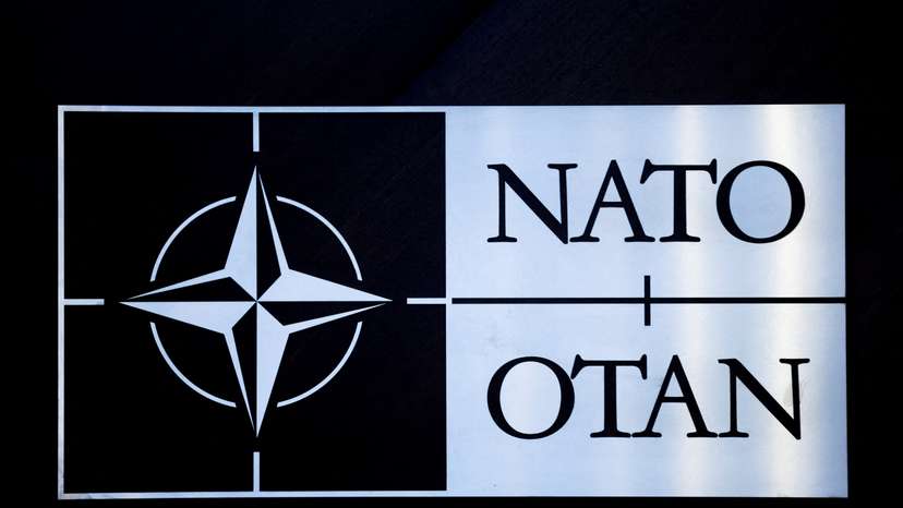 FILE PHOTO: The NATO logo is seen at a meeting of NATO defence ministers in Brussels