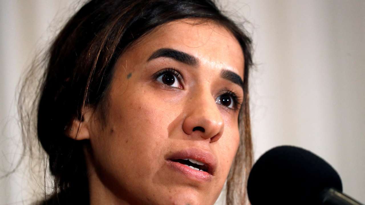 FILE PHOTO: Nobel Peace Prize co-recipient Nadia Murad speaks at the National Press Club in Washington