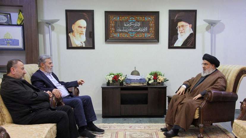 Lebanon's Hezbollah leader Sayyed Hassan Nasrallah meets Jihad Secretary General Ziyad al-Nakhalah and deputy leader of Hamas, Sheikh Saleh al-Arouri at an unidentified location